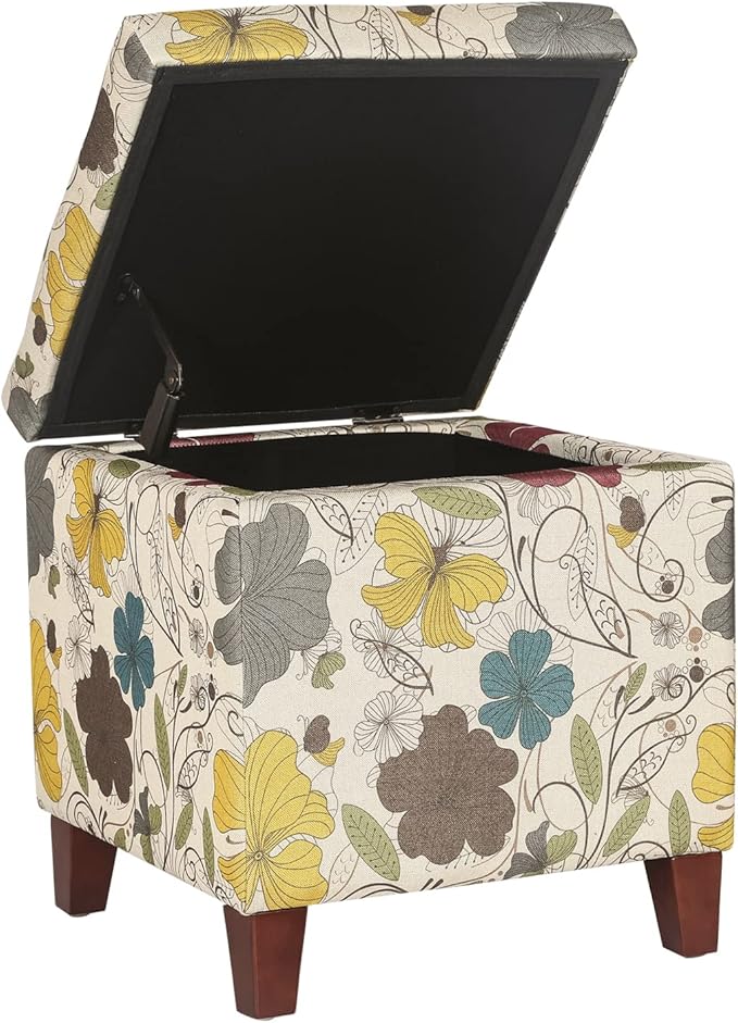 Adeco 18 Inch High Cube Ottoman Storage, Floral Printed Linen Chair Foot Stools, Upholstered Vanity Stool with Hinged Lid, Solid Wood Legs-DeskLoop Office