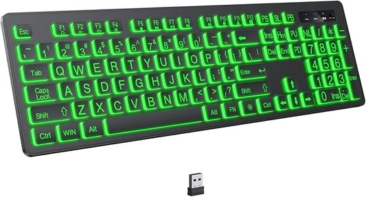 Large Print Backlit Wireless Keyboard, 2.4G Silent Wireless Light Up Keyboard, Full Size Computer Keyboards with 7 Colored Backlits, Rechargeable Keyboards for Windows, PC, Laptop-DeskLoop Office