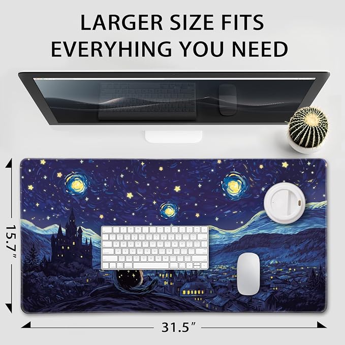 Starry Night Cat Large Mouse Pad, 31.5"x15.7" Desk Mat, Anti-Slip Rubber Base - Image 4