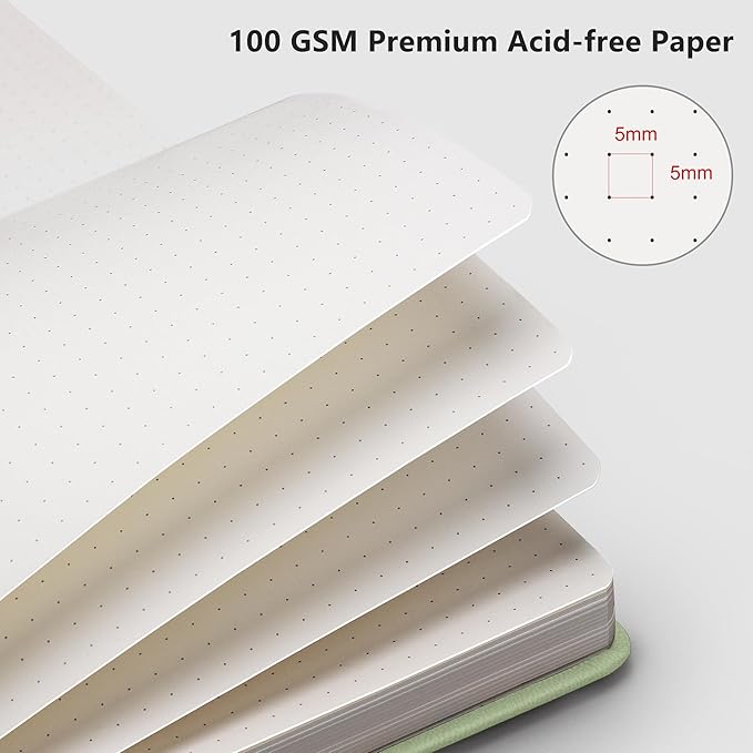 RETTACY Bullet Dotted Journal Notebook, 192 Pages, A5 Medium Size (5.7'' x 8.3''), Leather Hardcover, 100 GSM Thick Paper, for Bullet Journaling, Planning, Tracking (Light Green)-DeskLoop Office
