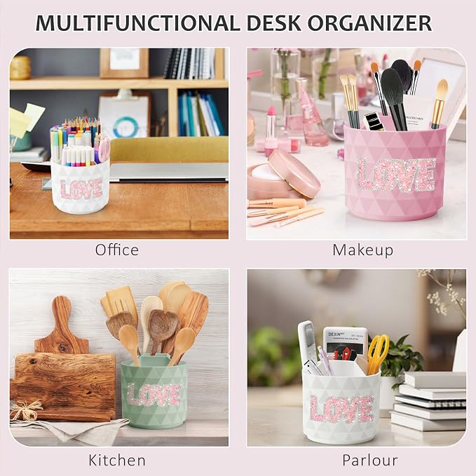 Bling Desk Organizer, Glitter Love Rhinestone Rotating Pencil Pen Holders - Image 6