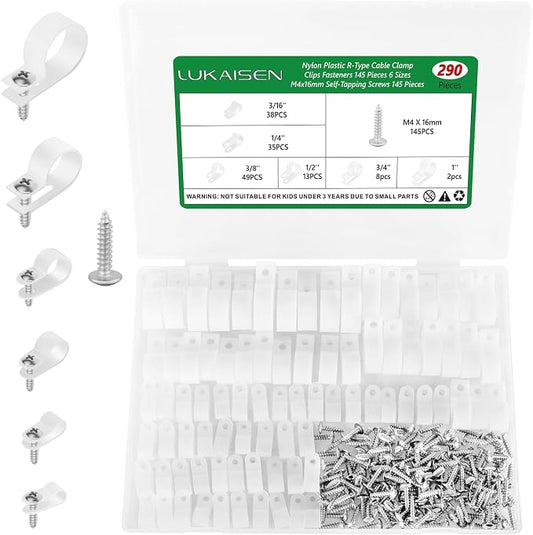 Cable Clips for Cable Management Cord Organizer, 6 Sizes 290 PCS Nylon R-Type by LuKaiSen