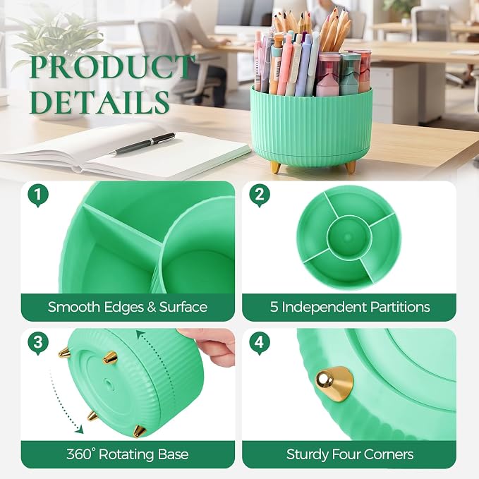 KONVINIT Pencil Pen Holder for Desk, 5 Slots 360-Degree Rotating Desktop - Image 4