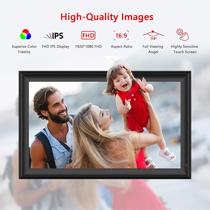 FRAMEO 15.6 inch Digital Picture Frame,Large WiFi Photo Frame 32GB,FHD IPS Touch Screen, Wall-Mounted,Share Photo/Video, Living Room Elderly Parents Birthday-DeskLoop Office