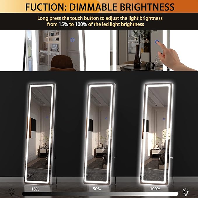 Hasipu Full Length Mirror with Lights, 56" x 20" LED Floor Mirror, Full Body Dressing Standing, Hanging Mounted Mirror for Living Room Bedroom Cloakroom, Round White-DeskLoop Office
