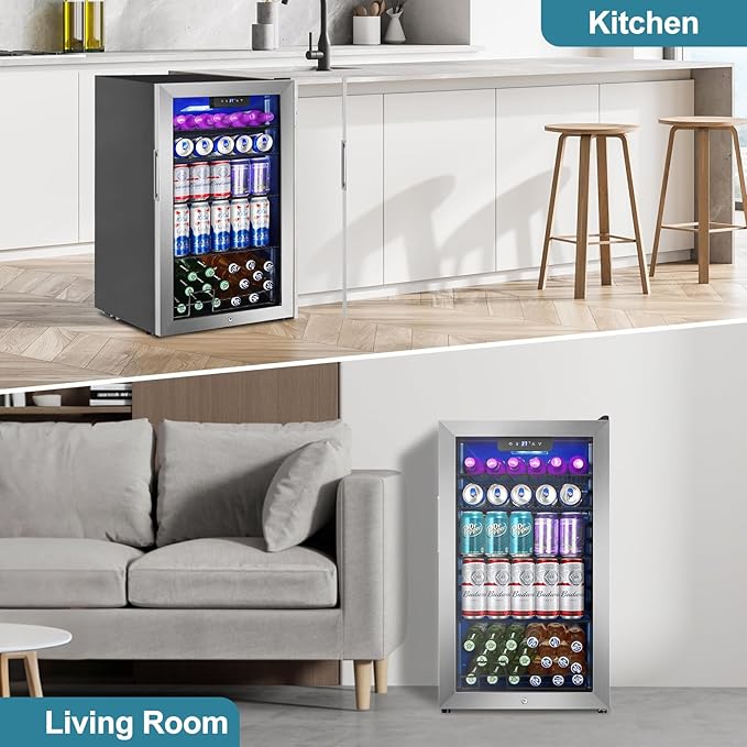 Beverage Refrigerator Cooler, 128 Cans Mini Fridge Glass Door for Drink Beer Soda Wine, 3.2 Cu.Ft Small Fridge for Kitchen Bedroom Office Bar, with 4 Adjustable Removable Shelves, Stainless Steel-DeskLoop Office