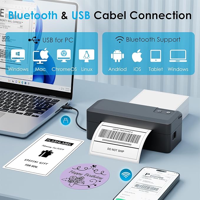 Shipping Thermal Label Printer, 4x6 Portable Label Printer, Bluetooth Label Maker for Small Business, Support iPhone,Android,Windows,Mac,Chromebook,Works with USPS, Ebay,Shopify&More, Black-DeskLoop Office