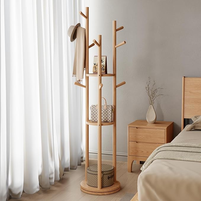 Solid Wood Rotary Coat Rack, Freestanding Coat Rack with 3 Shelves and 9 Hooks, Coat tree for Bedroom, Entryway, Livingroom, Coat Hanger Stand for Coats, Scarves, Handbags (Natural)-DeskLoop Office