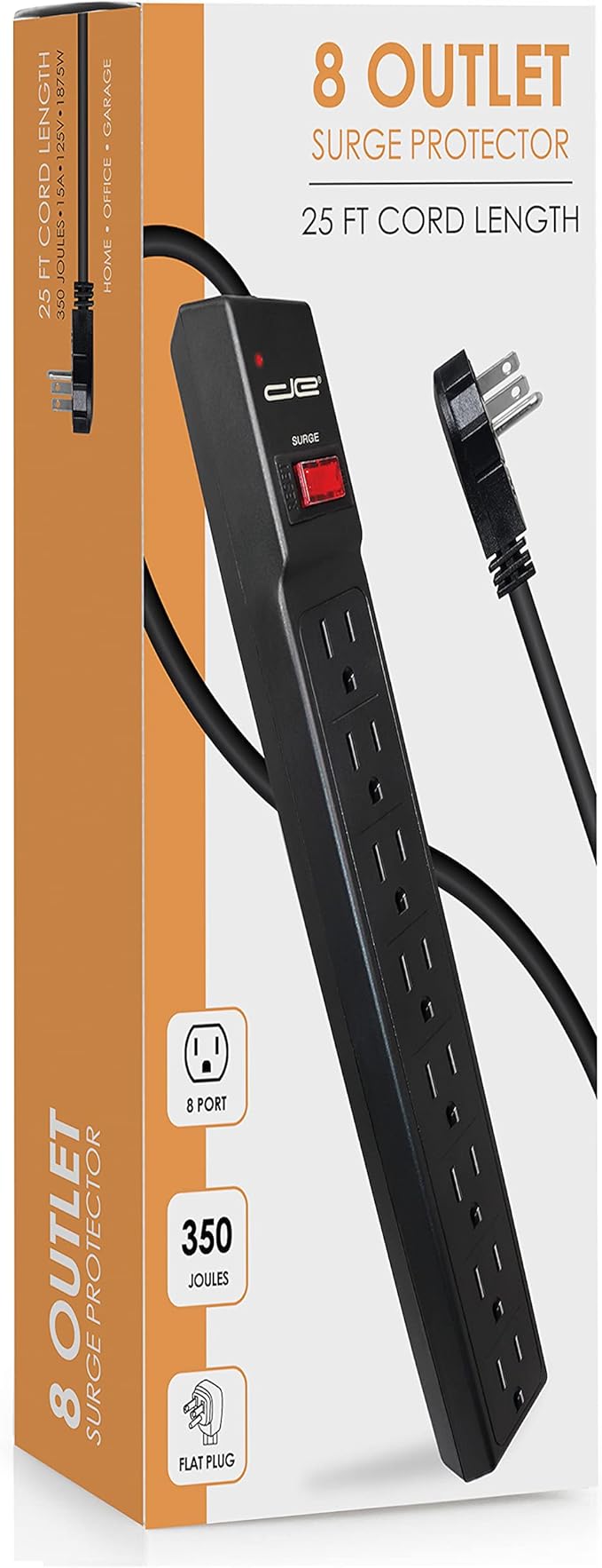 Digital Energy 25 FT 8 Outlet Surge Protector Power Strip - 15 AMP, 1875 W, 125 V, 350 J Surge Protection, ETL Listed - Flat Plug, Black-DeskLoop Office