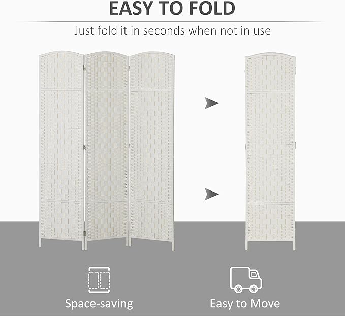 HOMCOM Room Divider, 3 Panel Folding Privacy Screen, 6FT Tall Portable Wicker Weave Partition Wall Divider for Bedroom, Home Office, White-DeskLoop Office