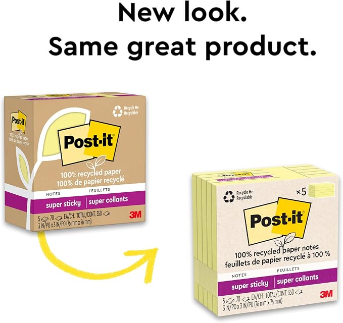 Post-it 100% Recycled Paper Super Sticky Notes, Canary Yellow, 3 in. x 3 in. - Image 9