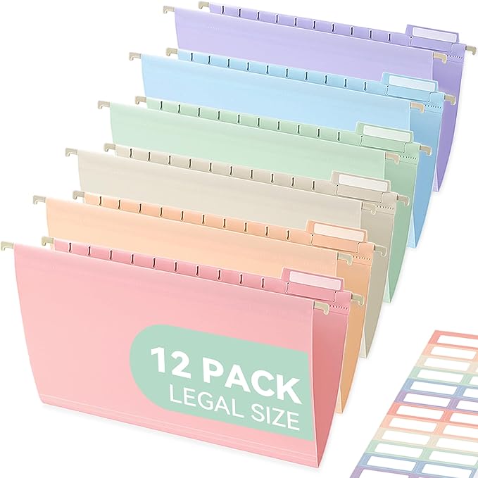 SortRax Plastic Legal Size Hanging File Folders, 12 Pack Pastel Hanging Folders by SortRax