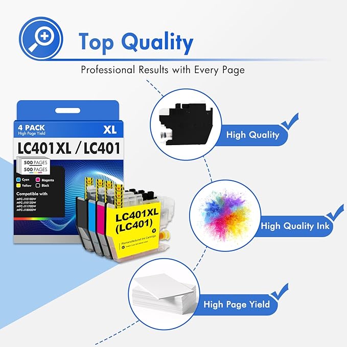 LC401 LC401XL MFC-J1010DW Ink Cartridges for Brother Printer LC 401 401XL for MFC-J1010DW MFC-J1170DW MFC-J1012DW MFC-J1800DW MFC J1010DW - 4 Pack High Yields Black Cyan Magenta Yellow-DeskLoop Office