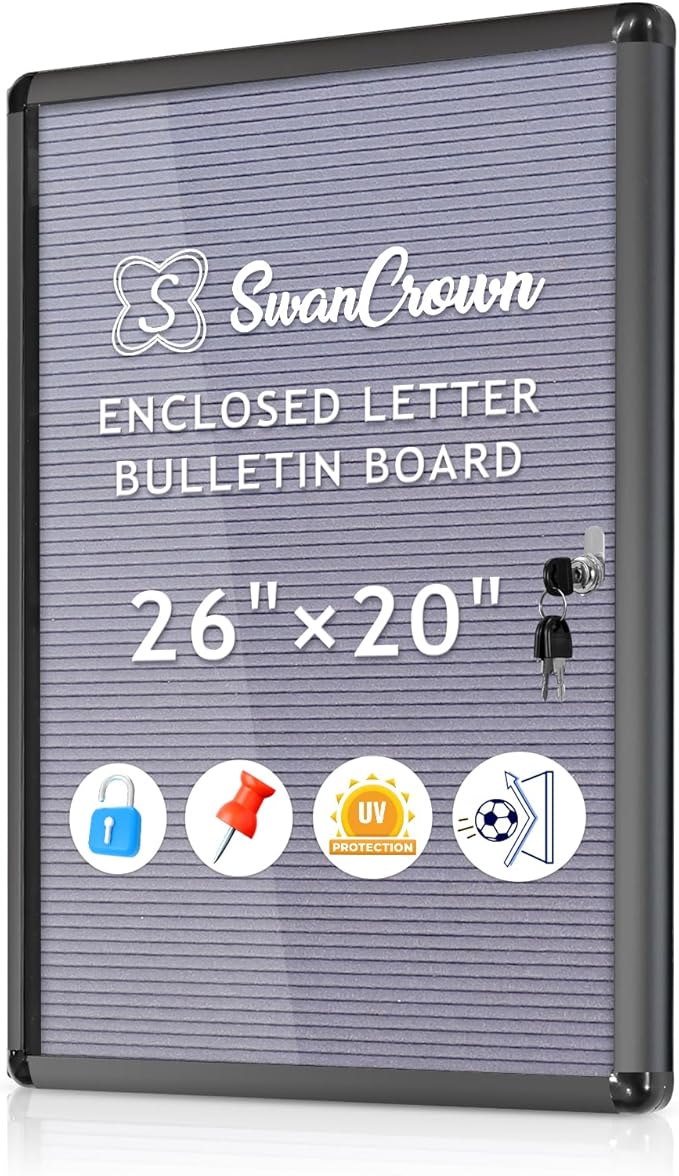 S SWANCROWN Enclosed Bulletin Board with Locking Door 26x20 in, Lockable Felt Letter Board Sign Tamperproof Message Board for Office School Home, Black Aluminum Frame, Grey-DeskLoop Office