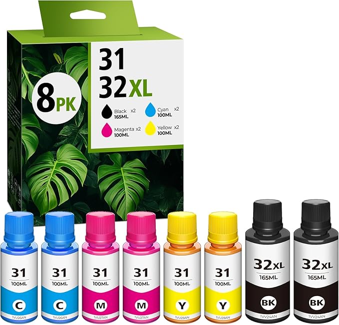 31 32XL Ink Bottle Set Compatible for Smart Tank 5101 7602 6001, Compatible for HP 31 Ink 32XL Black Ink Bottle for Smart Tank 5000 5102 7301 7001 Plus 651 570 551 455 457 450 All-in-One Printer-DeskLoop Office