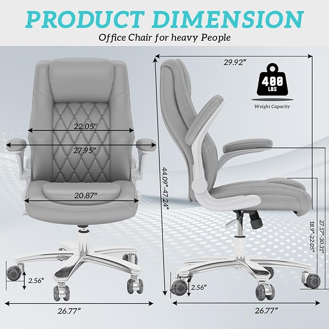 GYI O205P High Back Executive Office Chair, Big and Tall Office Chair 400LBS with Rubber Wheels,Ergonomic Adjustable Computer Desk Chairs with Padded Flip-up Armrests,Lumbar Support (Grey)-DeskLoop Office