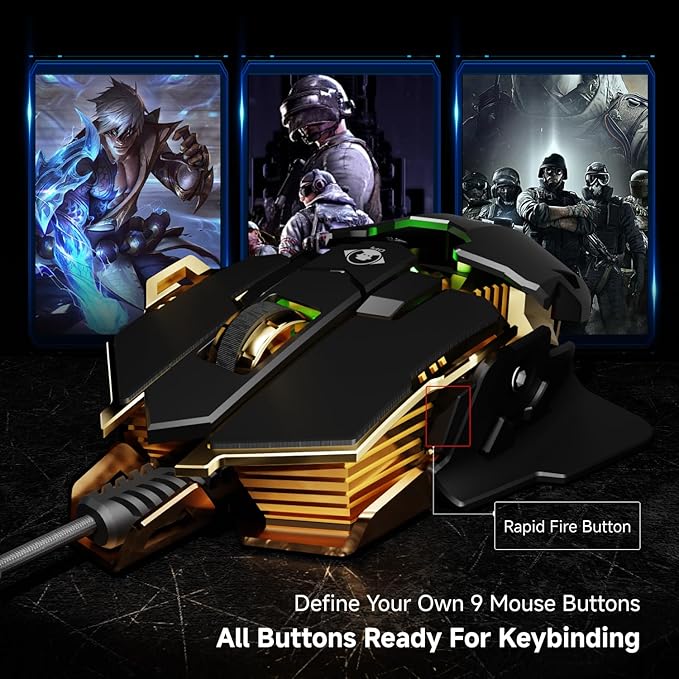 EWEADN G5 Wired Gaming Mouse, Ergonomic RGB Computer Mouse, 12800 Adjustable DPI, 9 Programmable Macro Buttons with Rapid Fire Key Compatible for PC/Laptop/Windows- Black&Gold-DeskLoop Office