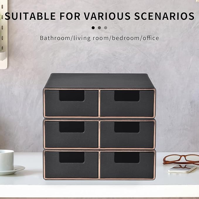 Linen Leather Desk Organizer and monitor stand with Drawers－Mini Desktop Drawer Organizer Stackable－Tabletop Organization Storage Box for Office Supplies Home Vanity Toiletries (Black, 2-drawers)-DeskLoop Office