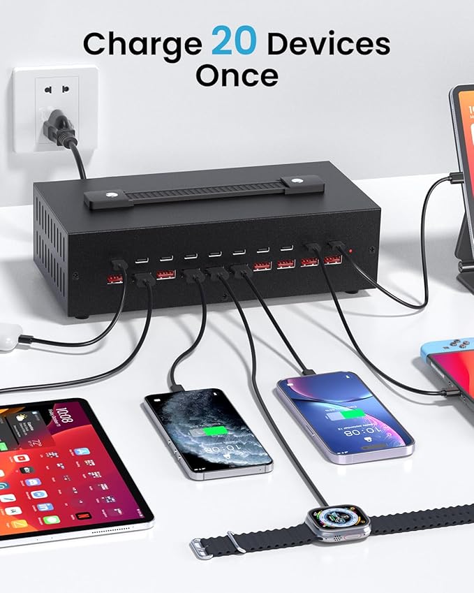200W USB~c Charging Station, 20 Port (10 USB A & 10 USB~C Port) USB Charger Block, Fast Charging Station for Multiple Devices, Desktop Charger Compatible for iPhone, iPad, Tablets-DeskLoop Office