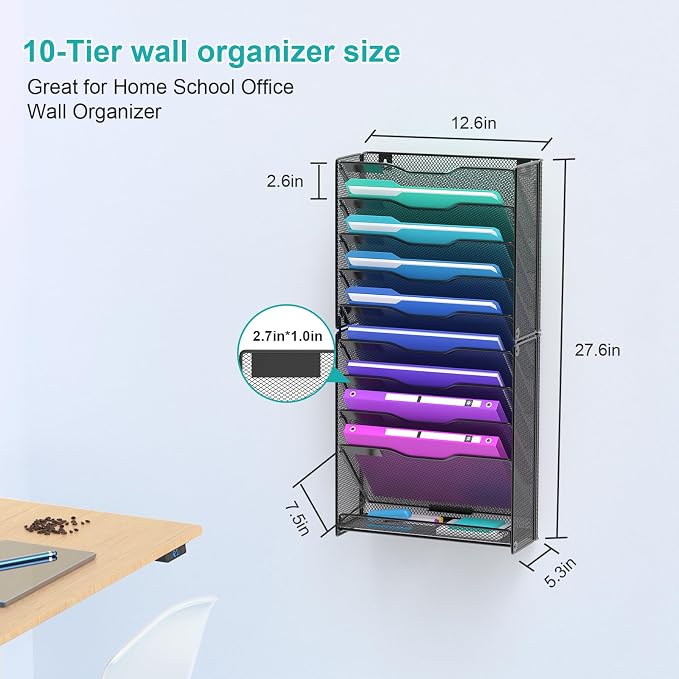 VEESUN 10 Tier Hanging Wall File Organizer, Wall File Holder Organizer Mounted - Image 2