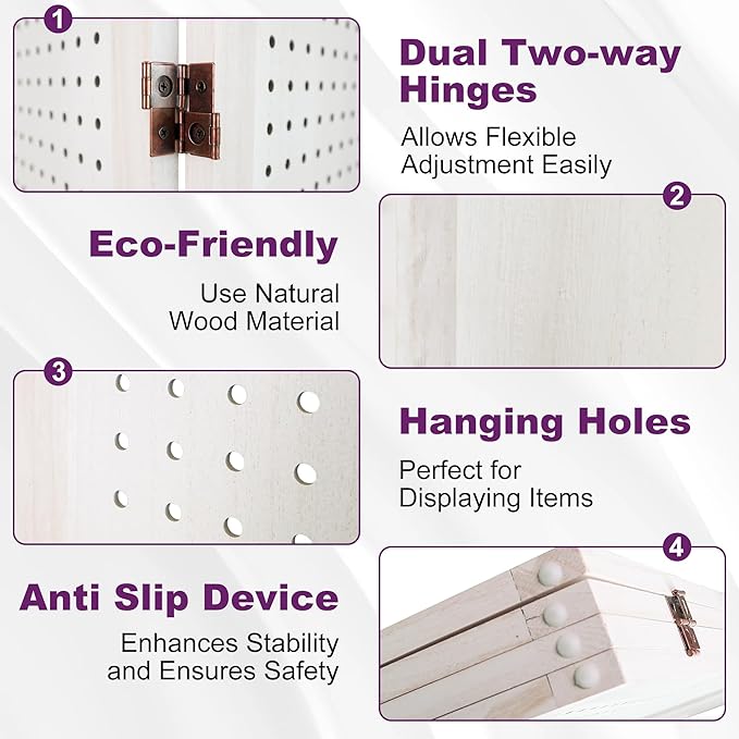 Room Divider, 5.6FT Folding Room Divider Panel, 4 Panel Pegboard Display Wood Partition Wall Divider for Room Separation& Craft Shows, White-DeskLoop Office