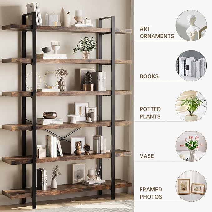 Heavy Duty 6-Tier Industrial Bookcase, 47" Wide Wood Bookshelf for Home Office, 120lbs Shelf Capacity, Rustic Open Shelving Display with Reinforced Horizontal Shelf for Living Room Bedroom-DeskLoop Office