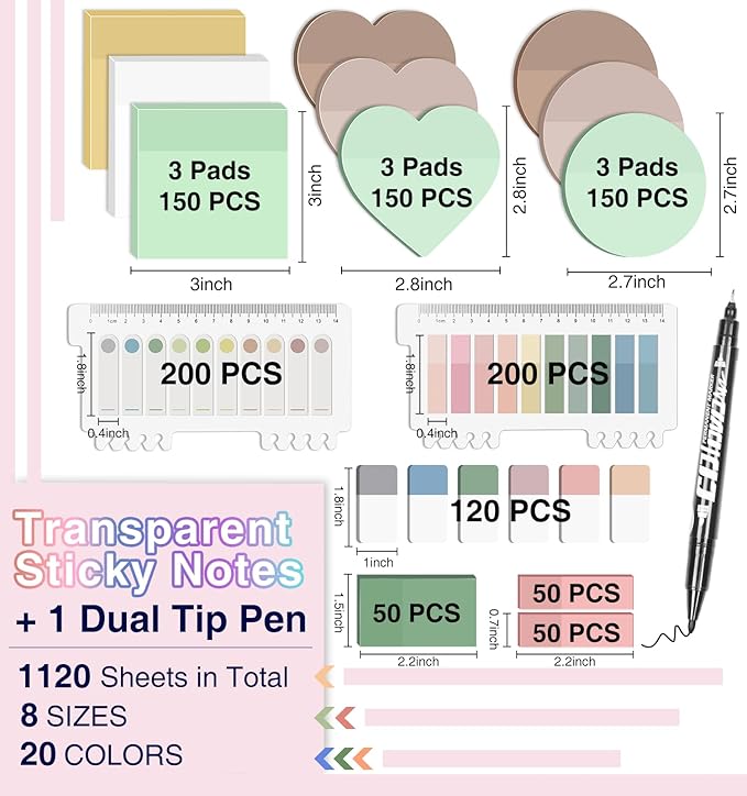 Transparent Sticky Notes,1120 Sheets Clear Sticky Notes with Pen, Waterproof Annotation Kit, Self-Adhesive Translucent Writable Index Tabs for Annotation Books, Bible Journaling Study Office School-DeskLoop Office