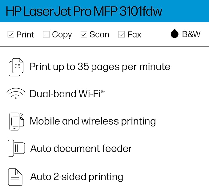 HP LaserJet Pro MFP 3101fdw Wireless Black & White All-in-One Laser Printer, Scanner, Copier, Fax, Best-for-Office (3G628F)-DeskLoop Office