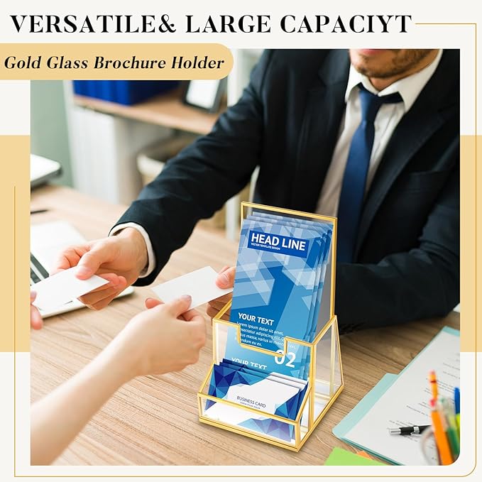2 Pcs 4 Inches Gold Glass Brochure Holder Countertop Literature Trifold Pamphlet Stand with Business Name Card Holder Flyer Brochure Display for Magazine, Booklets, Menu, Journals Display-DeskLoop Office