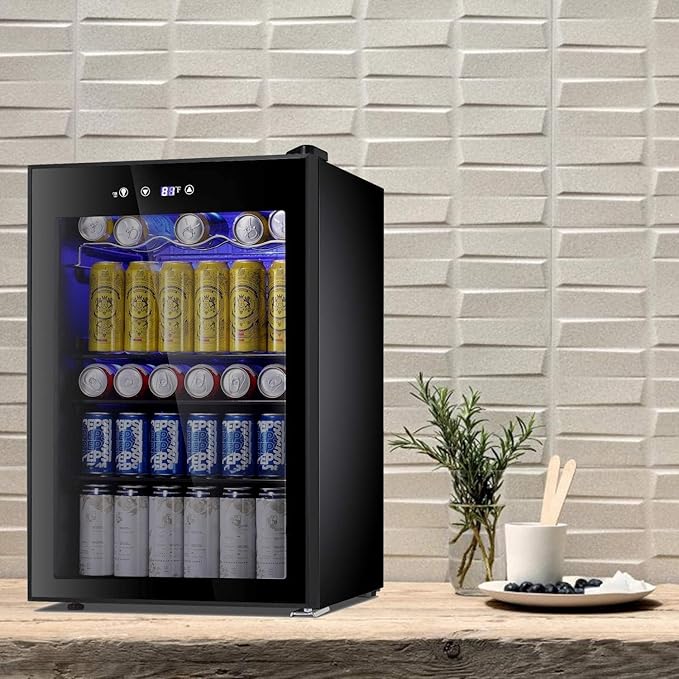 Antarctic Star Beverage Cooler 145 Can Mini Fridge Glass Door for Soda Beer Wine Glass Door Stainless Steel Small Drink Refrigerator Digital Display for Home, Office Bar,4.4cu.ft-DeskLoop Office