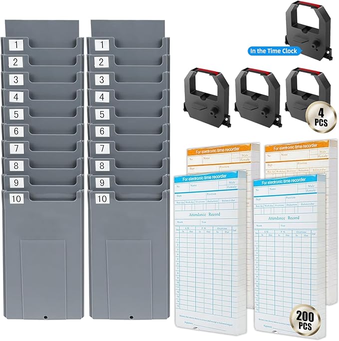 Time Clock Bundle for Small Business, Passcode Time Clock Punch Machine with 200 Time Cards, 4 Ink Ribbons, 2 Ten-Slot Time Card Racks, Auto-Align Clock in Machine for Employees-DeskLoop Office