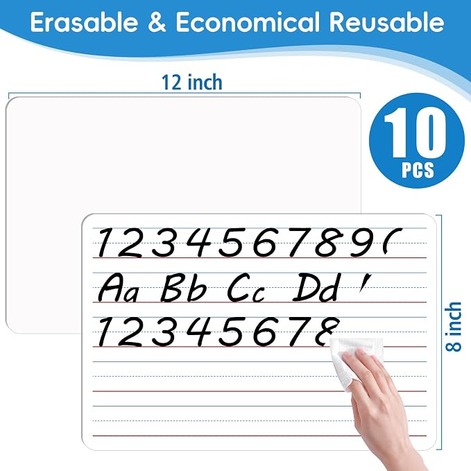 10 Pack Double-Sided Dry Erase Whiteboards, 12” x 8” –Alphabet & Number - Image 2