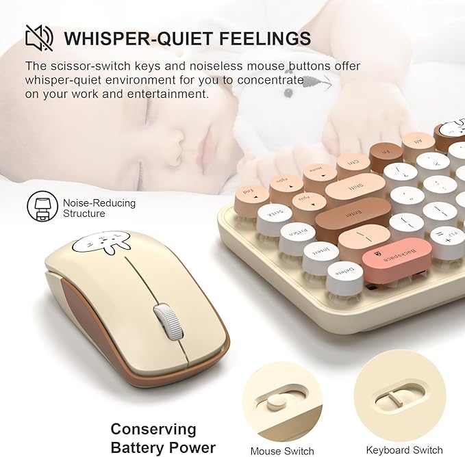 FOPETT Wireless Keyboard and Mouse Cute Mouse and Keyboard 2.4G Wireless Keyboards with Colorful 68 Keys Typewriter Retro Round Keycap for PC, Laptop,Tablet,Computer Windows - Milk Tea Colorful-DeskLoop Office