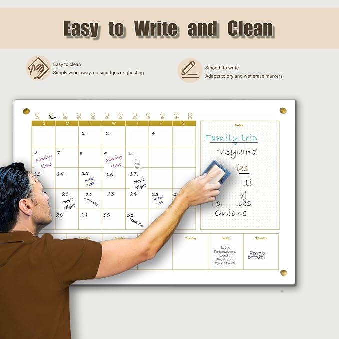 Glass 3-1 Golden Monthly Dry Erase Calendar Whiteboard - Image 3