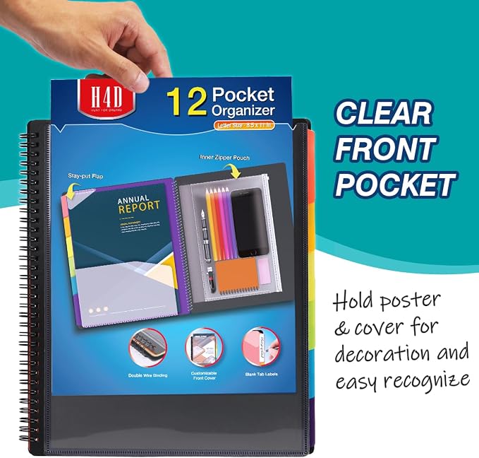 H4D 12 Pocket Poly Project Organizer, Spiral Multi Pocket Folder Organizer - Image 3