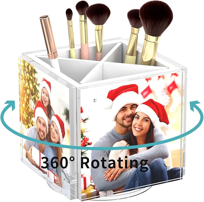 HIIMIEI Acrylic Rotating Pen Holder for Desk, Pencil Holder Picture Frame Holds 4 Family Photos of 4"x4", Desk Pen holder Organizer for Office, Classroom, Home, Kids (White)-DeskLoop Office