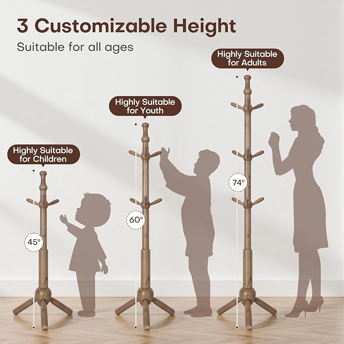Wooden Coat Rack Stand - Coat Rack Freestanding with 9 Hooks, Adjustable Height, Clothes Hat Organizer, Heavy Duty Coat Hanger Stand for Bedroom, Entryway, Hallway, Office, Dorm, Walnut-DeskLoop Office