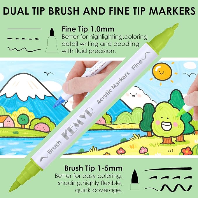 24 Colors Brush & Fine Tip Acrylic Paint Pens, Dual Tip Acrylic Paint Markers for Paper, Wood, Canvas, Stone, Rock, Glass, Fabric, DIY, Ceramic, Art Supplies for Kids and Adults Drawing-DeskLoop Office