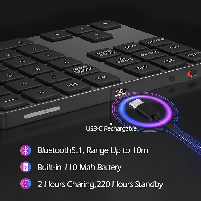 Foloda Bluetooth Number Pad for Laptop, Wireless 10 Keys USB Number Keypad, Rechargeable Numeric Keypad Numpad Extensions Data Entry Keyboard for PC iMac MacBook Notebook-DeskLoop Office