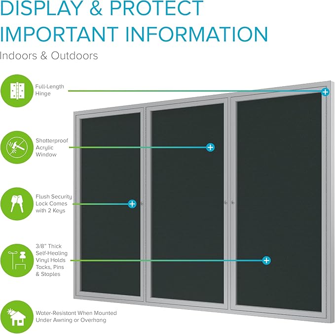 Ghent 36"x72" 3-Door Outdoor Enclosed Vinyl Bulletin Board, Shatter Resistant, with Lock, Satin Aluminum Frame - Ebony (PA33672VX-183), Made in the USA-DeskLoop Office