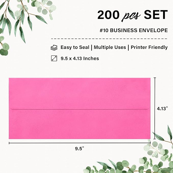 200 Pack #10 Business Envelopes, Self Seal Standard Hot Pink Envelopes - Image 2