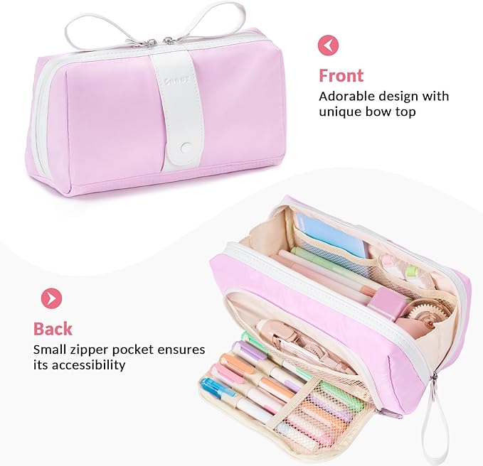 Sooez Big Capacity Pencil Case, Extra Large Pencil Pouch with Zipper Pocket, Wide Opening Pencil Bag, Portable Stationery Organizer, Cute Aesthetic School Office Supplies for Teens Girls Adults, Pink-DeskLoop Office