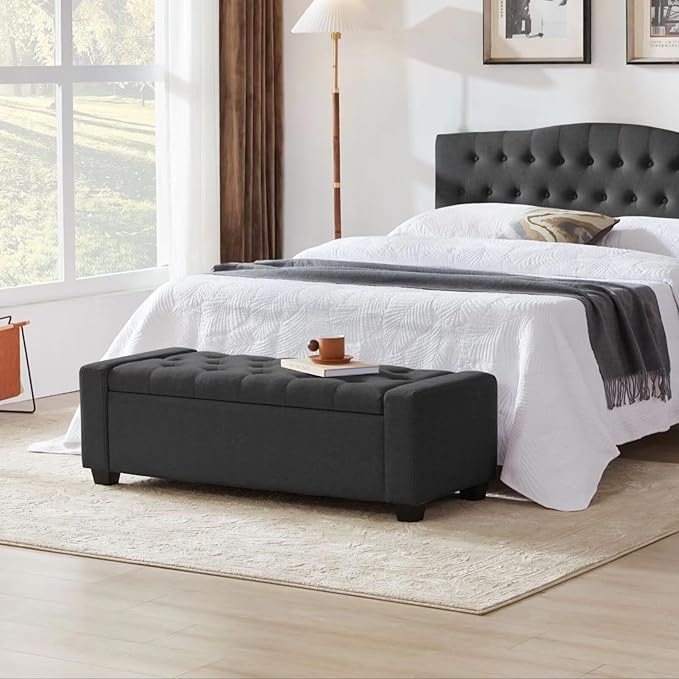 48" Ottoman with Storage, Storage Ottoman Bench with Safety Hinge, Upholstered Entryway Bench with Seating for Bedroom, Living Room, Holds up to 330 lb, Dark Gray-DeskLoop Office