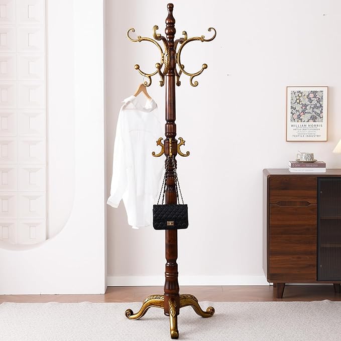 Wooden Coat Racks, Retro 78" Coat Tree with 12 Hooks & Stable Triangular Base, Entryway Coat Rack Freestanding for Hat, Clothes, Scarves, Handbags, Umbrella (Vintage)-DeskLoop Office