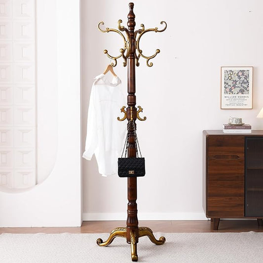 Wooden Coat Racks, Retro 78" Coat Tree with 12 Hooks & Stable Triangular Base, Entryway Coat Rack Freestanding for Hat, Clothes, Scarves, Handbags, Umbrella (Vintage)-DeskLoop Office