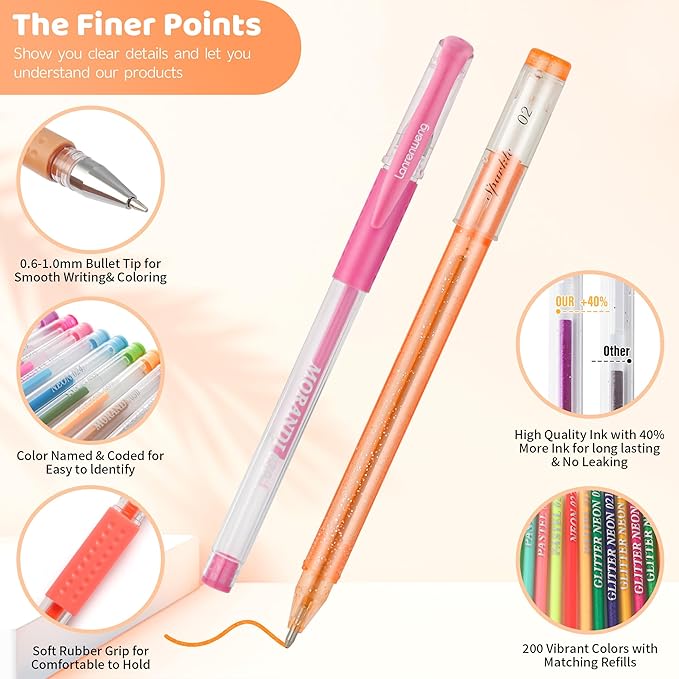 400 Pack Gel Pens for Adult Coloring Books, 200 Colored Gel Pen Include 200 Refills with 40% More Ink,Glitter Gel Pens Set for Coloring Books Drawing Journaling Scrapbook Art Supplies-DeskLoop Office