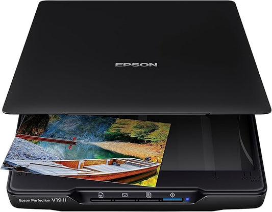 Epson Perfection V19 II Color Photo and Document Flatbed Scanner with 4800 dpi Optical Resolution, USB Power and High-Rise, Removable Lid-DeskLoop Office