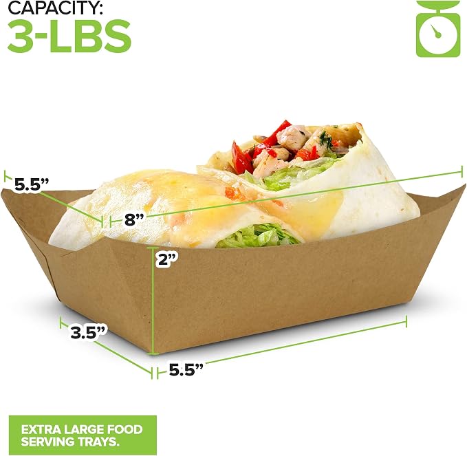100 Pack 3-Lb Brown Kraft Paper Food Trays, Extra Large Disposable Concession - Image 3