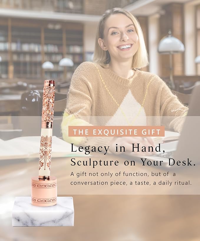 Luxury Fountain Pen Set With Stand - Museum Art Collections - Crafting Timeless Beauty - the Best Gift & Office Desk Decor, German SCHMIDT Fine Nib, Solid Metal & Marble Texture-DeskLoop Office