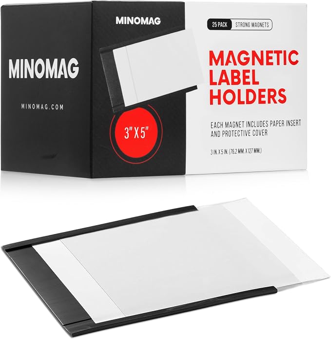 25pcs Magnetic Label Holders 3x5 Inches | C Channel Magnetic Index Card Holder by MINOMAG